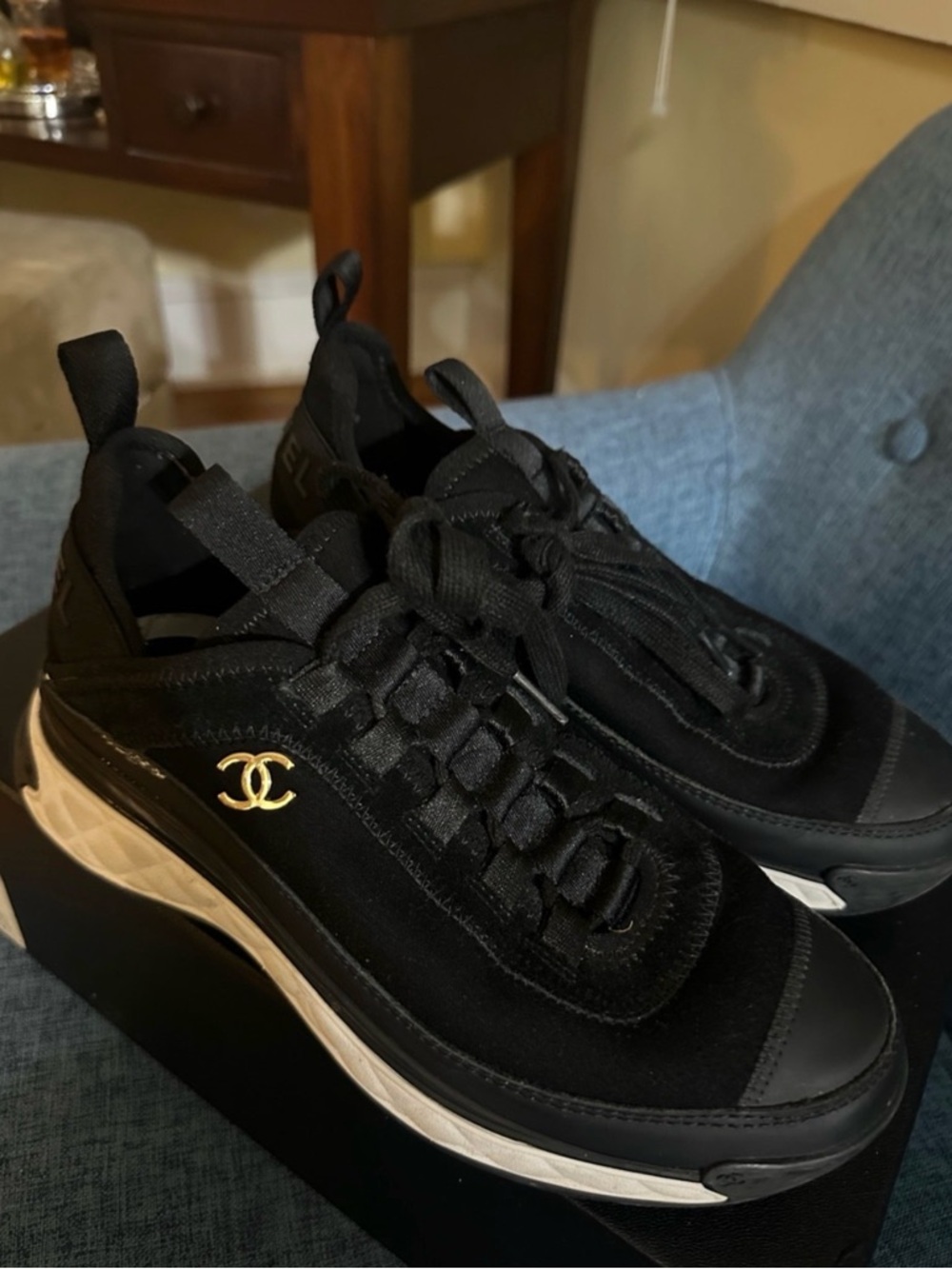 CHANEL Black Sneakers with Gold CC Emblem